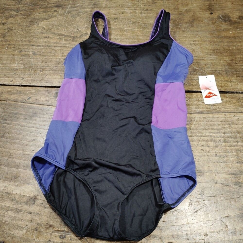 Lands' End 12D Swimsuit One Piece Black Purple Colorblock NWT Beach